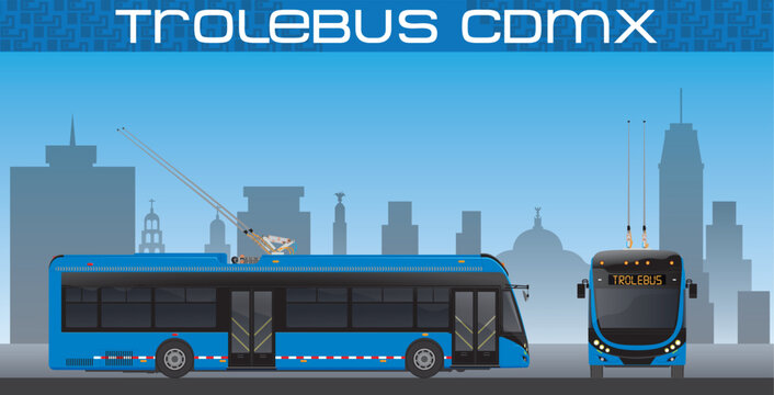 Modern electric trolleybus vector with CDMX skyline, urban public transportation concept