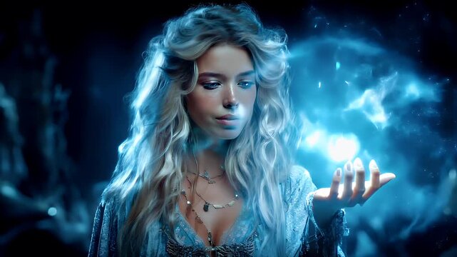 Fantasy wallpaper. A fantasythemed digital artwork depicts a young woman with long, wavy blonde hair. She holds a glowing, radiant blue orb in her right hand. The orb emits a soft, ethereal glow.