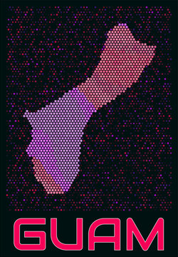 Guam digital style hexagon map. Vibrant magenta purple pink neon dotted shape. Country tiny bright hexagon cells. Guam honeycomb map design. Stylish Vector Illustration.