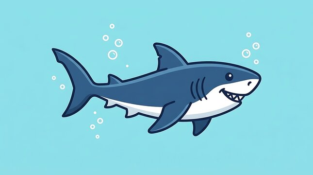 Smiling cartoon shark swimming underwater.