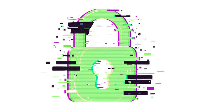 Glitched green padlock icon with digital distortion effect cybersecurity concept illustration