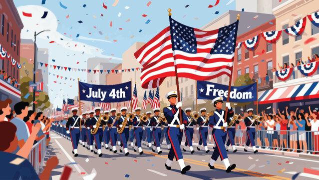 Independence Day parade illustration, marching band, flag bearers, patriotic banners, confetti, city streets filled with celebration