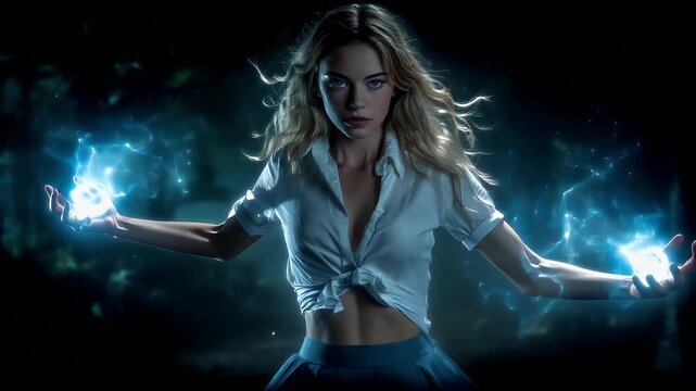 Fantasy wallpaper. A dramatic portrayal of a young woman with long, wavy blonde hair, wearing a white blouse and a blue skirt. She holds two glowing orbs in her hands.