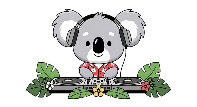 Adorable cartoon koala bear with headphones, DJing at a console, surrounded by tropical leaves and flowers