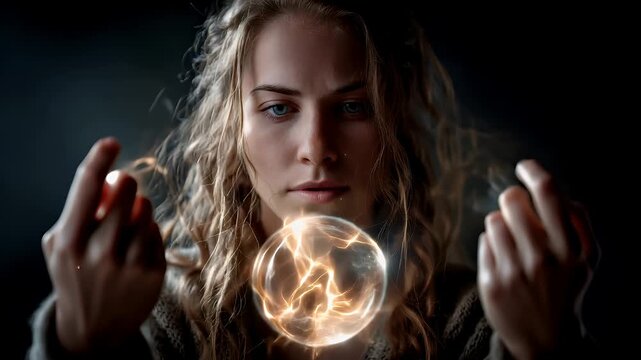 Fantasy wallpaper. A dramatic portrayal of a young woman with intense blue eyes, set against a dark, moody background. She holds a glowing orb in her hands, emitting a bright.