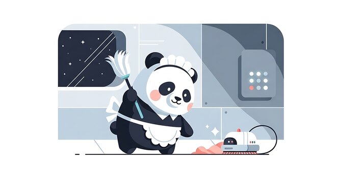 Animated panda dressed in maid attire, cleaning a spaceship interior with a miniature cleaning bot. The scene includes a view of the cosmos through a window