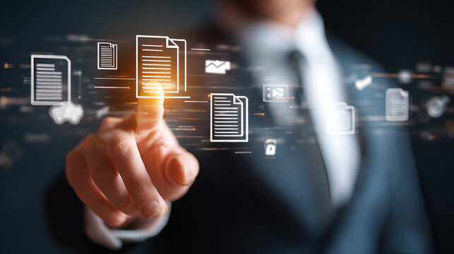 Businessman touching the document management and digital filing, workflow control, smart archiving, secure storage, cloud documents, automated processing