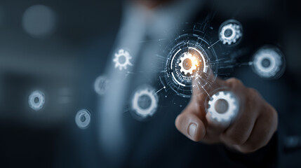 Naklejka premium Concept of business digitalization and customer experience management symbolizing innovation, data-driven marketing, automation, and smart communication for strategic success and client retention.
