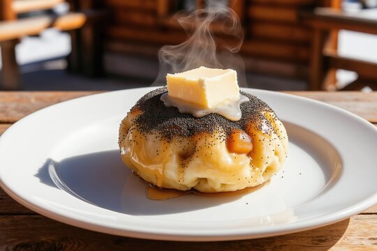 Hot sweet plum dumpling with butter and poppy seeds served on white plate at outdoor table. Steaming pastry dish with syrup in winter setting outside ski hut.