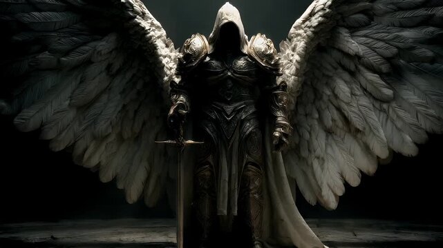 Fantasy wallpaper. A dark, atmospheric portrayal of an angelic figure with large, featherlike wings. The figure stands in a contemplative pose, holding a sword in one hand and a shield in the other.