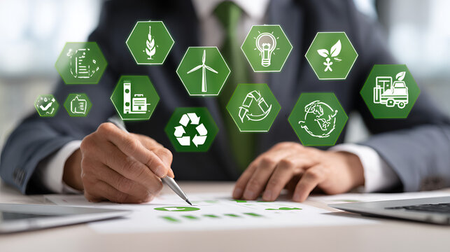 Environmental consultant reviewing ESG compliance and circular economy strategy using digital sustainability icons. clean energy transition, green innovation, and responsible corporate governance.