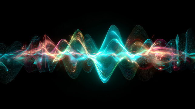 Generative AI Music Visualization with Sound Waves Transforming into Luminous Visual Patterns Morphing from Teal Frequency Waves to Colorful Abstract Shapes Across Dark Background