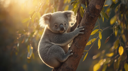 Fototapeta premium Adorable koala clinging to eucalyptus tree branch at golden sunset