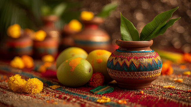 Happy Ugadi Greeting Card Background With Decorated Kalash and mangoes traditional new year festival in karnataka andra paradesh and tamil nadu tamil