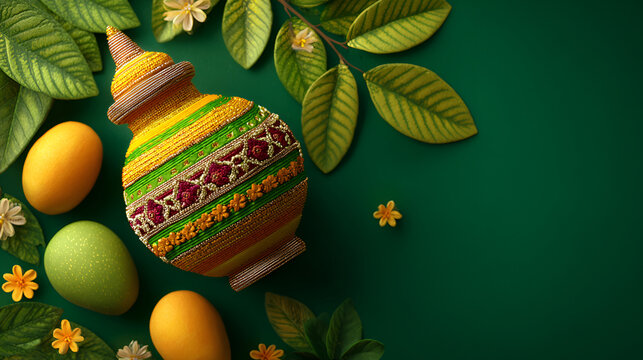 Happy Ugadi Greeting Card Background With Decorated Kalash and mangoes traditional new year festival in karnataka andra paradesh and tamil nadu tamil