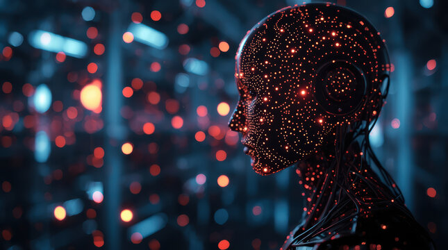 Glowing android head with expanding neural network and contemplative mood