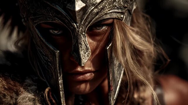 Fantasy wallpaper. A closeup portrait of a warrior, captured in a dramatic and intense style. The warrior wears a metallic helmet with intricate designs and a furlined cloak.