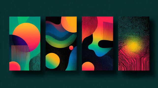 Modern poster designs featuring abstract line compositions in vibrant colors. Each poster showcases a unique visual layout with bold typography and dynamic patterns. Stock Vector