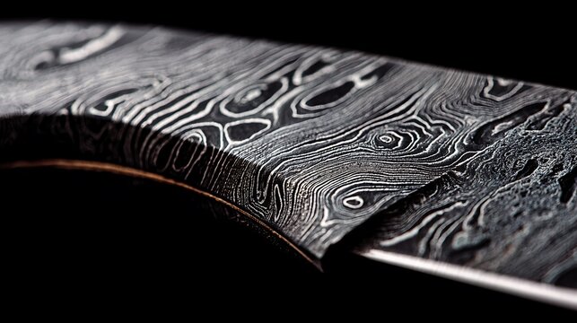 Close up of patterned Damascus steel knife blade.