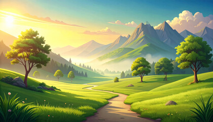 Obraz premium Sunset country lane for scenic tourism promotion. Golden valley road for outdoor lifestyle artwork. Rolling green hills ideal for travel branding