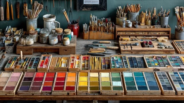 A vibrant art studio with paint palettes, brushes, jars, and other artistic equipment on a wooden table