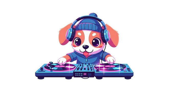 Adorable canine cartoon wearing headphones and blue hoodie, expertly mixing music on a DJ setup