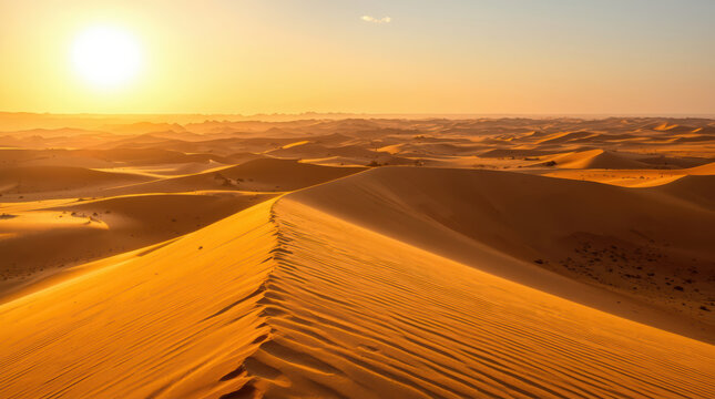 Golden sand dune sunrise desert landscape with rippled crest and warm glow