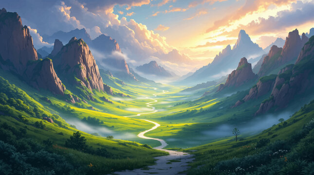 Dark alpine cliffs for immersive adventure artwork. Green valley panorama for hiking travel marketing. Moody mountain scene crafted for outdoor campaigns
