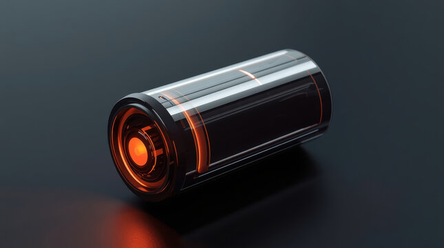 Glowing futuristic battery cylinder with transparent casing and orange core energy glow