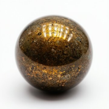 Bronzite sphere macro with metallic sheen and textured surface isolated on white background. Natural mineral object in studio shot for detail or luxury design.