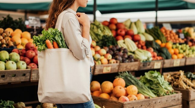 Woman carries fabric tote bag filled with fresh greens and carrots at farmers market. Colorful fresh produce displayed in wooden crates. Shopper buys organic fruits and vegetables.