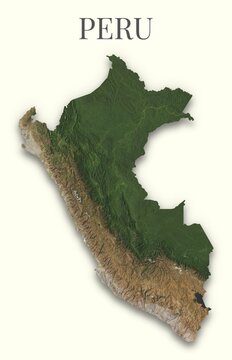 Peru terrain map. Raster relief illustration of Peru. Hillshaded physical map. Elements of this image derrived from NASA imagery and SRTM dataset.