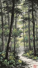 Fototapeta premium Serene Forest Path: A peaceful path winds through a dense forest, sunlight filtering through the lush canopy, creating a scene of tranquil beauty and natural harmony.