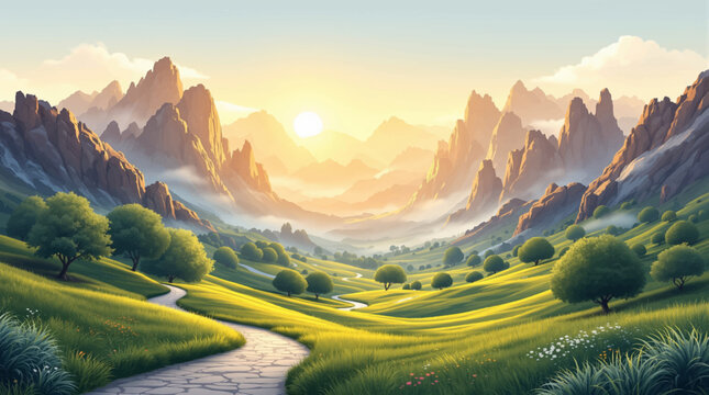 Sunset alpine valley for luxury travel posters. Golden mist landscape crafted for scenic ads. Mountain road artwork for premium tourism use