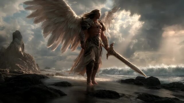 Fantasy wallpaper. A vivid portrayal of an angelic figure standing on a rocky shore. The angel has large, white, featherlike wings spread wide, and a muscular physique. The figure holds a long.