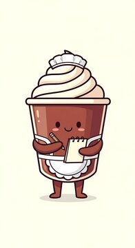 Adorable cartoon of a coffee drink dressed as a waitress, holding a notepad and pencil. The drink has a frothy top and is wearing an apron