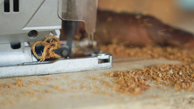 Carpenter forms spiral shavings with power saw. Workshop scene of wood shavings and metallic tool detail. Detailed image of craftsman producing curly wood shavings in warmly lit workspace