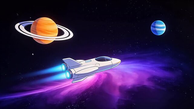 Space shuttle flying near planets