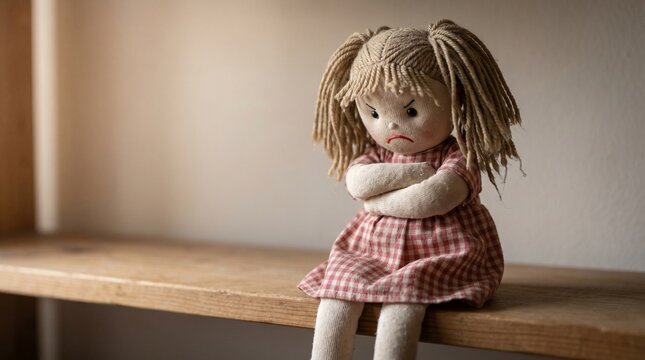 A scowling rag doll in a checkered dress sits with arms crossed on a wooden ledge. It serves as a visual metaphor for stubborn isolation, silent protest, and the weight of unvoiced frustration.