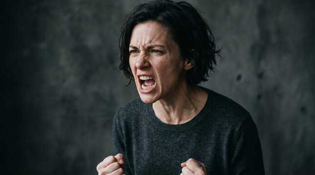 A woman with dark hair shouts intensely with clenched fists against a dark, textured wall. It is a visual metaphor for explosive catharsis, the breaking point of silence, and raw, unfiltered rage.