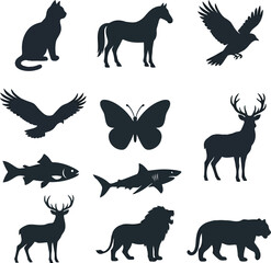 Obraz premium Collection of various wild and domestic animal silhouettes including cat horse bird butterfly deer fish shark lion and tiger for nature design projects