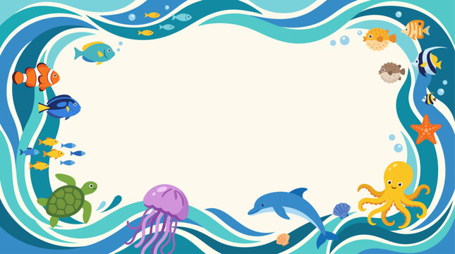 Celebrating World Oceans Day with a vibrant underwater scene of marine life and waves, perfect for educational and festive themes