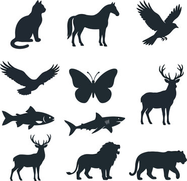 Collection of various wild and domestic animal silhouettes including cat horse bird butterfly deer fish shark lion and tiger for nature design projects