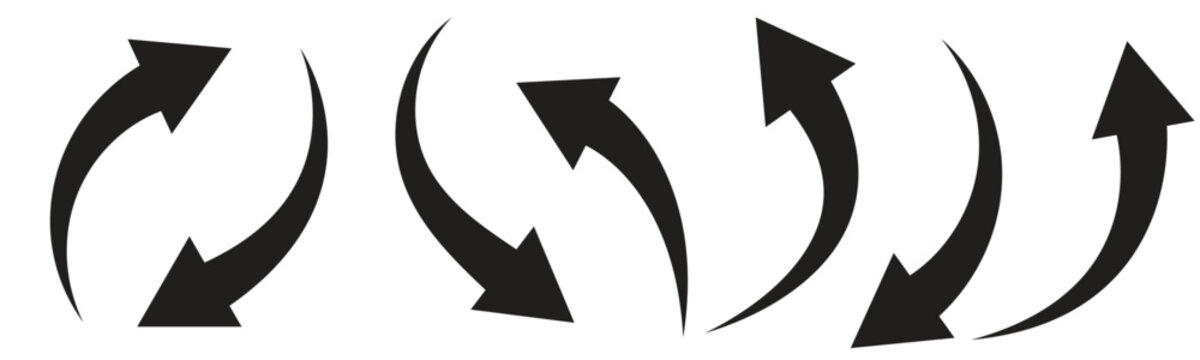 Various black curved arrow icons and a circular refresh reload symbol vector set