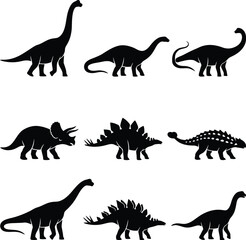 Set of black dinosaur silhouettes including brachiosaurus triceratops and stegosaurus for prehistoric education and design projects © Elizabeth