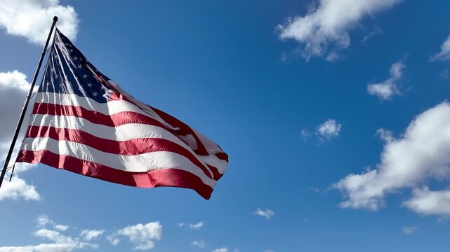 Seamless Loop of American Flag Waving with Copy Space Against Blue Sky