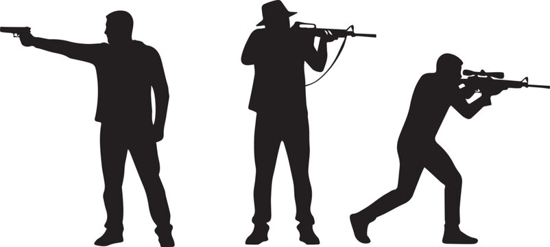 Black Silhouette Shooter Figure Set with Pistol Rifle and Sniper Poses for Military and Action Design