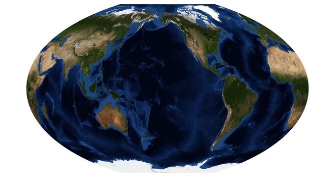 Animation of world map projection with longitude shift rotation. High detail physical Earth. McBryde-Thomas flat-polar quartic projection. June View. Elements of this video furnished by NASA.