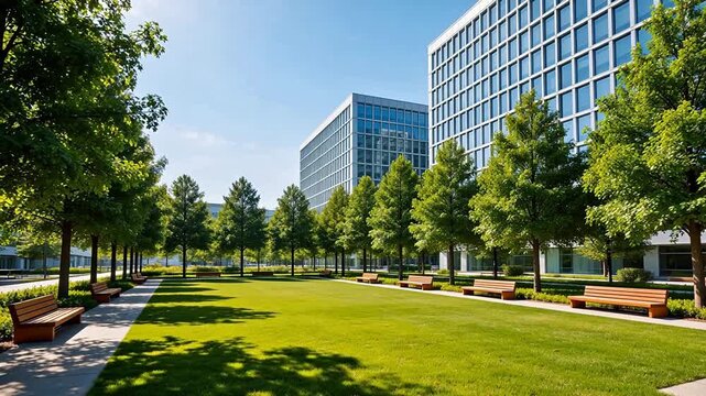 Modern office buildings with green lawn and trees