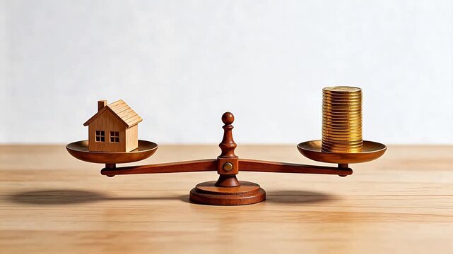 Wooden scale with house and coins